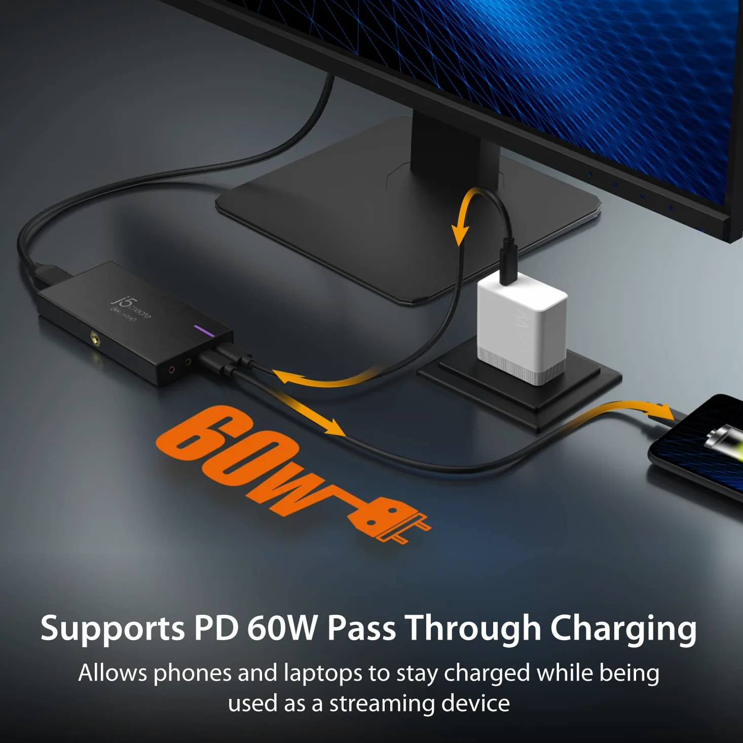 j5create 4K Game Video Capture Card mit PD 60W Pass-Through Charging, Streaming und Aufnahme von 4K Video auf PS5, PS4, Xbox, Switch, Arbeit mit OBS, Twitch, YouTube (JVA14)