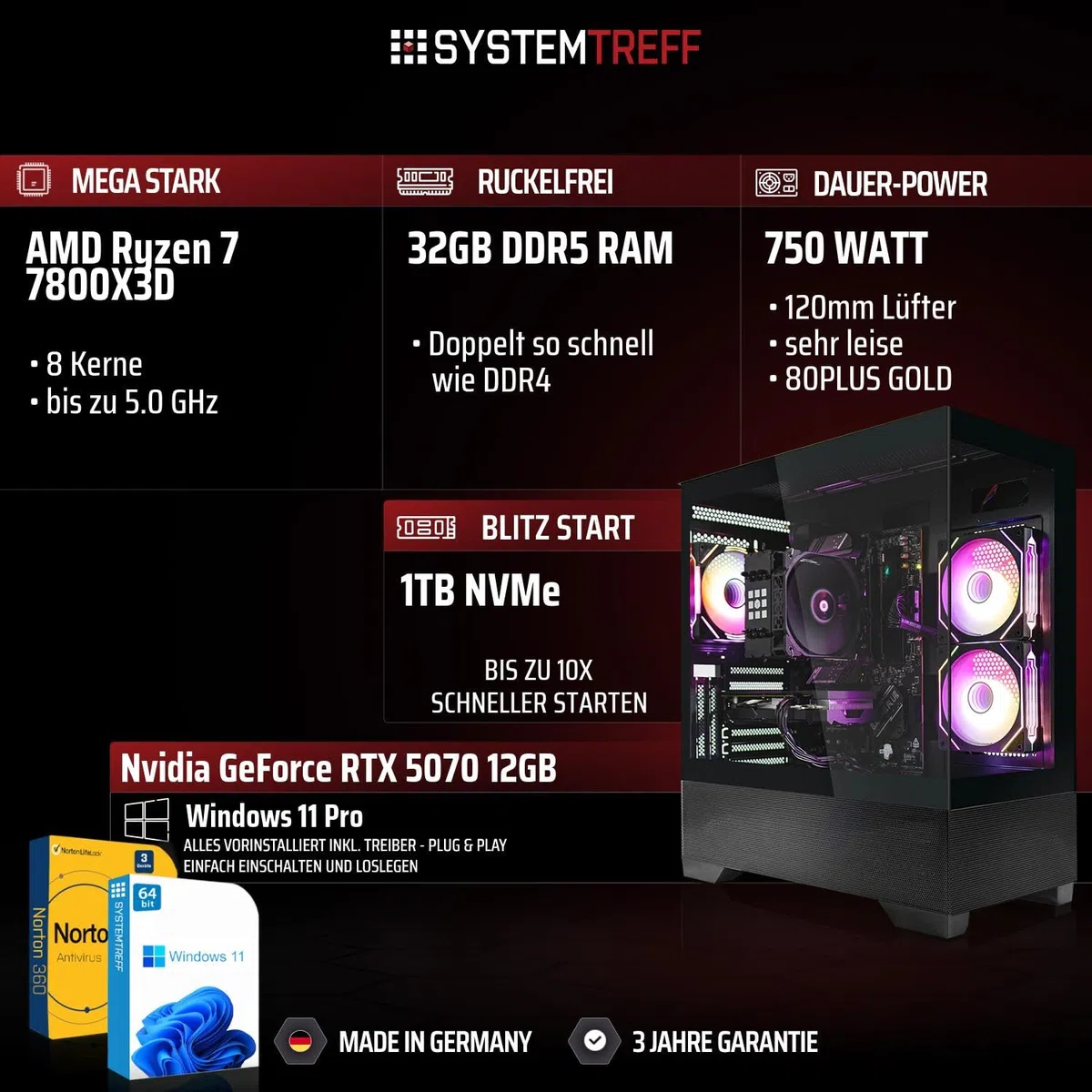 SYSTEMTREFF High-End Gaming PC AMD Ryzen 7 7800X3D 8x5GHz | Nvidia RTX 5070 12GB DX12 | 1TB M.2 NVMe | 32GB DDR5 RAM | Windows 11 | WLAN Desktop Computer Rechner für Gamer, Zocker & Streamer