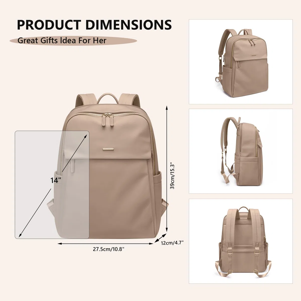 GOLF SUPAGS Frauen Rucksack Casual Daypack für Arbeit Reisen Hochschulen Rucksack Geldbörse Fits 14 Zoll Notebook (Champagnerfarben)