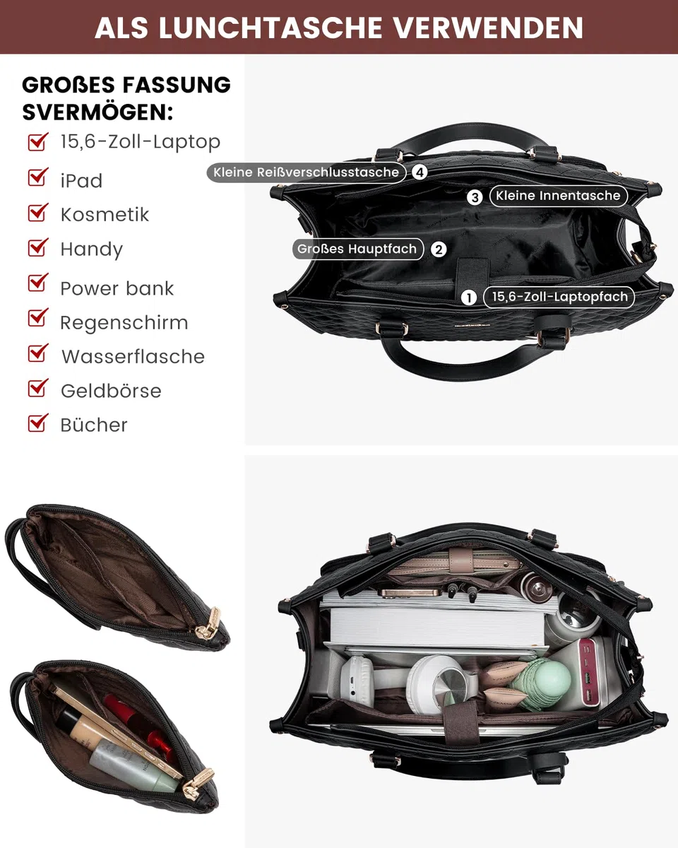 LOVEVOOK Laptoptasche Damen mit Isolierted Lunch-Fach, 15,6 Zoll Laptop Handtasche, Arbeitstasche Lehrertasche Groß, Lunchtasche Aktentasche Leder, Schultertasche für Schule Büro Uni