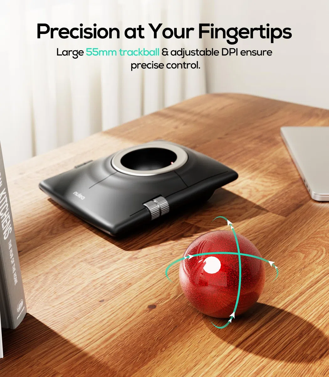 Nulea Wireless Trackball Maus, Ergonomischer 55mm Trackball, Einstellbarer DPI für Präzise Steuerung, Links- oder Rechtshänder Kompatibel, Wiederaufladbar, Multi-Device Bluetooth 2.4GHz für PC, Laptop