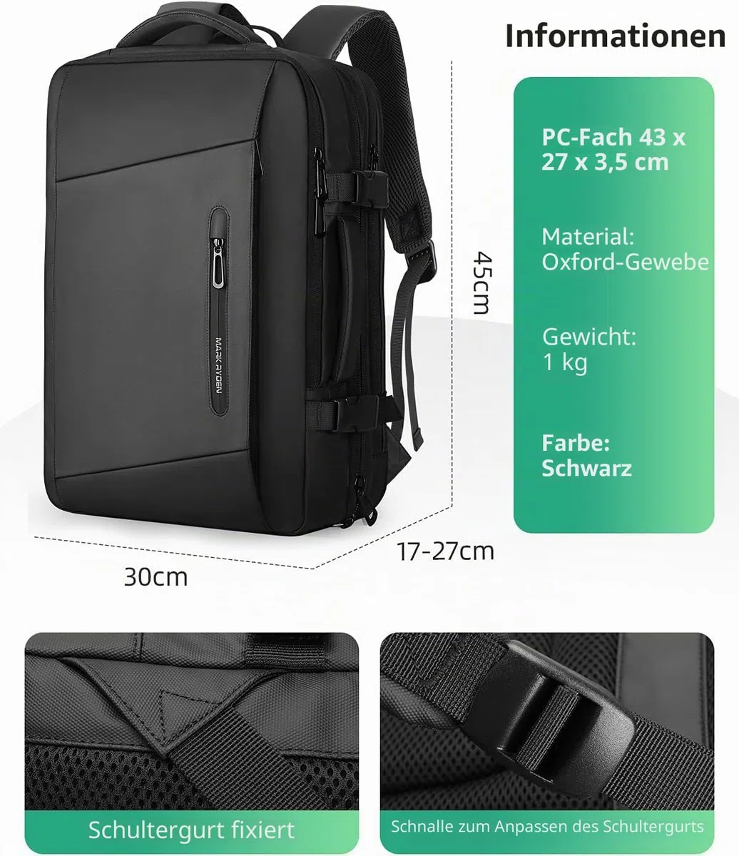 MARK RYDEN Erweiterbarer 26L-38L Rucksack,Business Herren, Laptop-Tasche 17 Zoll,Hydrophobe Stoffe, Diebstahlsicher, Fluggeprüfter, Handgepäck