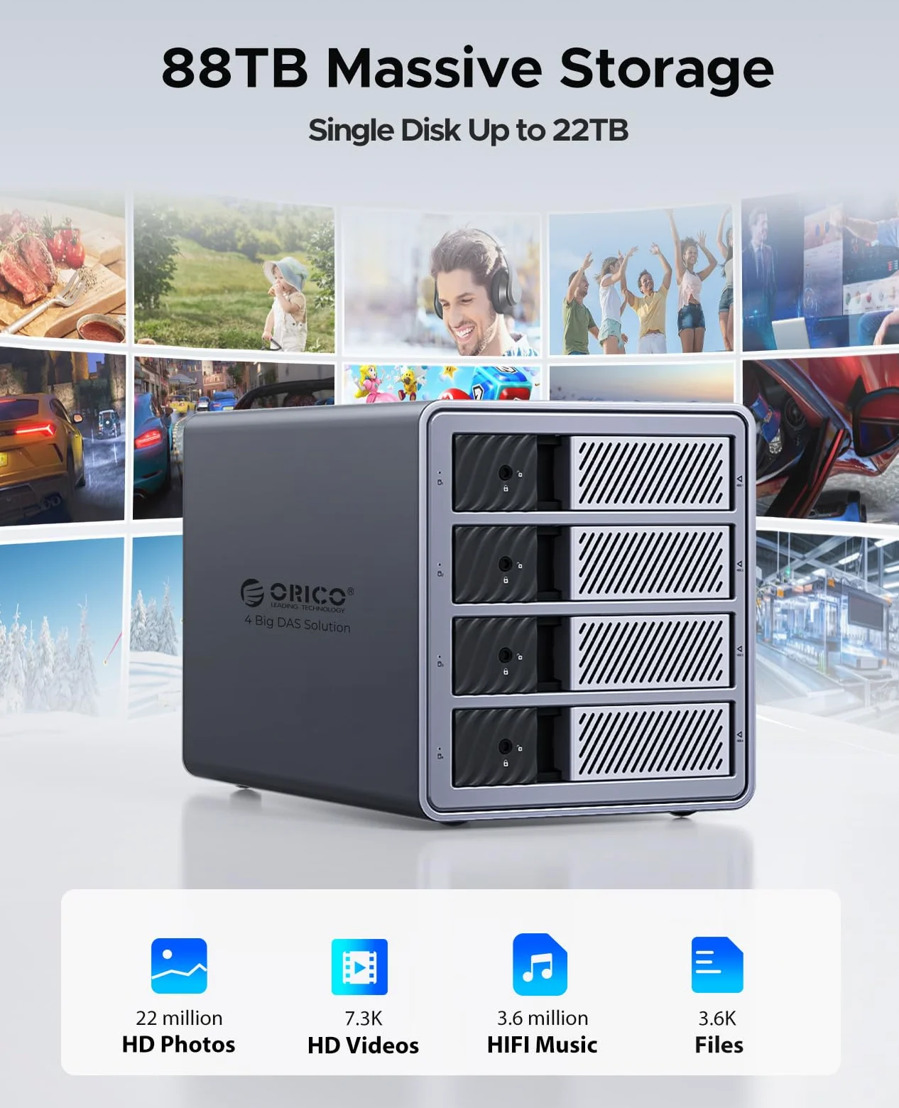 ORICO RAID Aluminium-Gehäuse für 4 Festplatten, USB 3.0 zu SATA Externes HDD Dockingstation für 3,5 Zoll HDD Festplatten bis zu 22TB, Unterstützt RAID 0/1/5/10 (9848RU3)