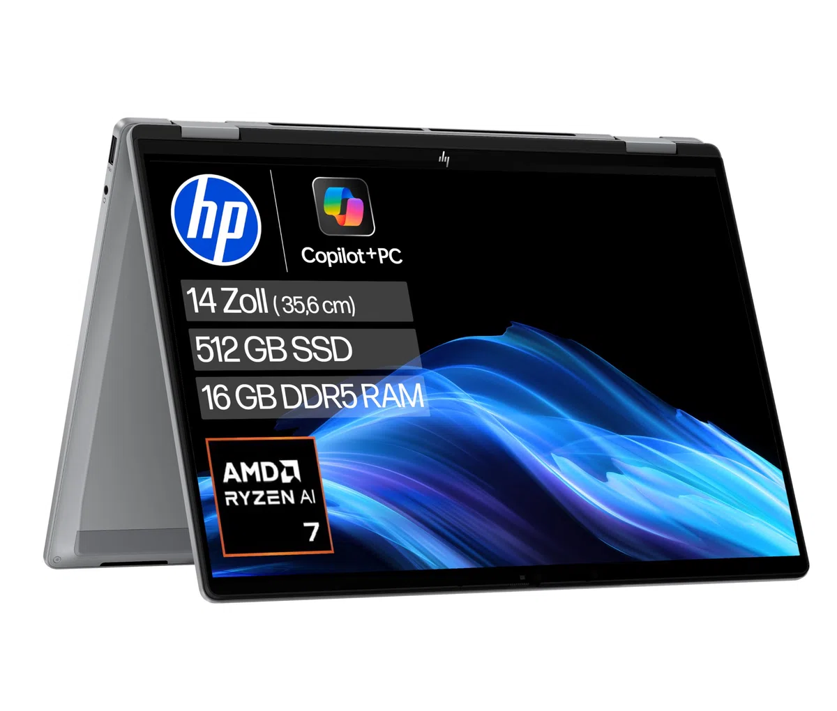 HP OmniBook X Flip 2-in-1 Laptop 14" 2K Touchscreen AMD Ryzen AI 7 16GB RAM 512GB Win11 Silber