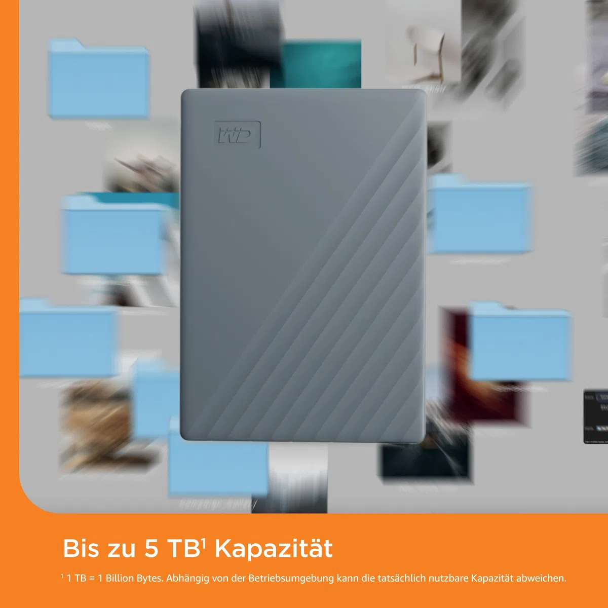 WD My Passport-Festplatte, funktioniert mit USB-C 5 TB (Mobile Festplatte, Passwortschutz, Backup-Software, USB 3.2 Gen 1, 3 Jahre Garantie) Siliziumgrau