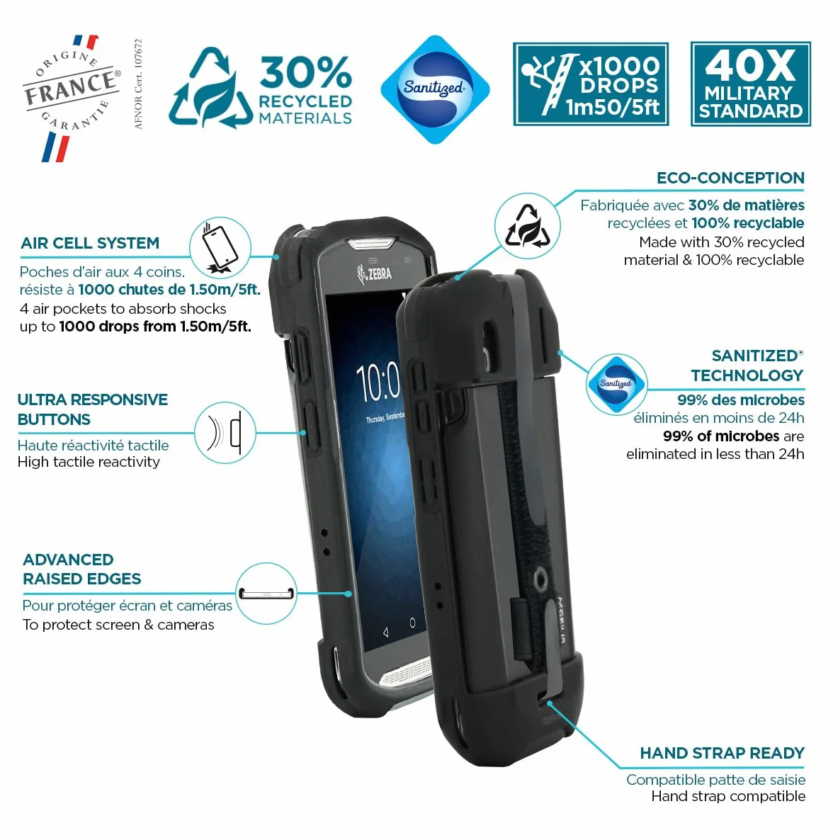 Mobilis PROTECH CASE for Zebra TC51/TC52/TC56/TC57 Verstärkte Schutzhülle, Abnehmbarer elastischer Riemen und Griffelhalter, Schwarz