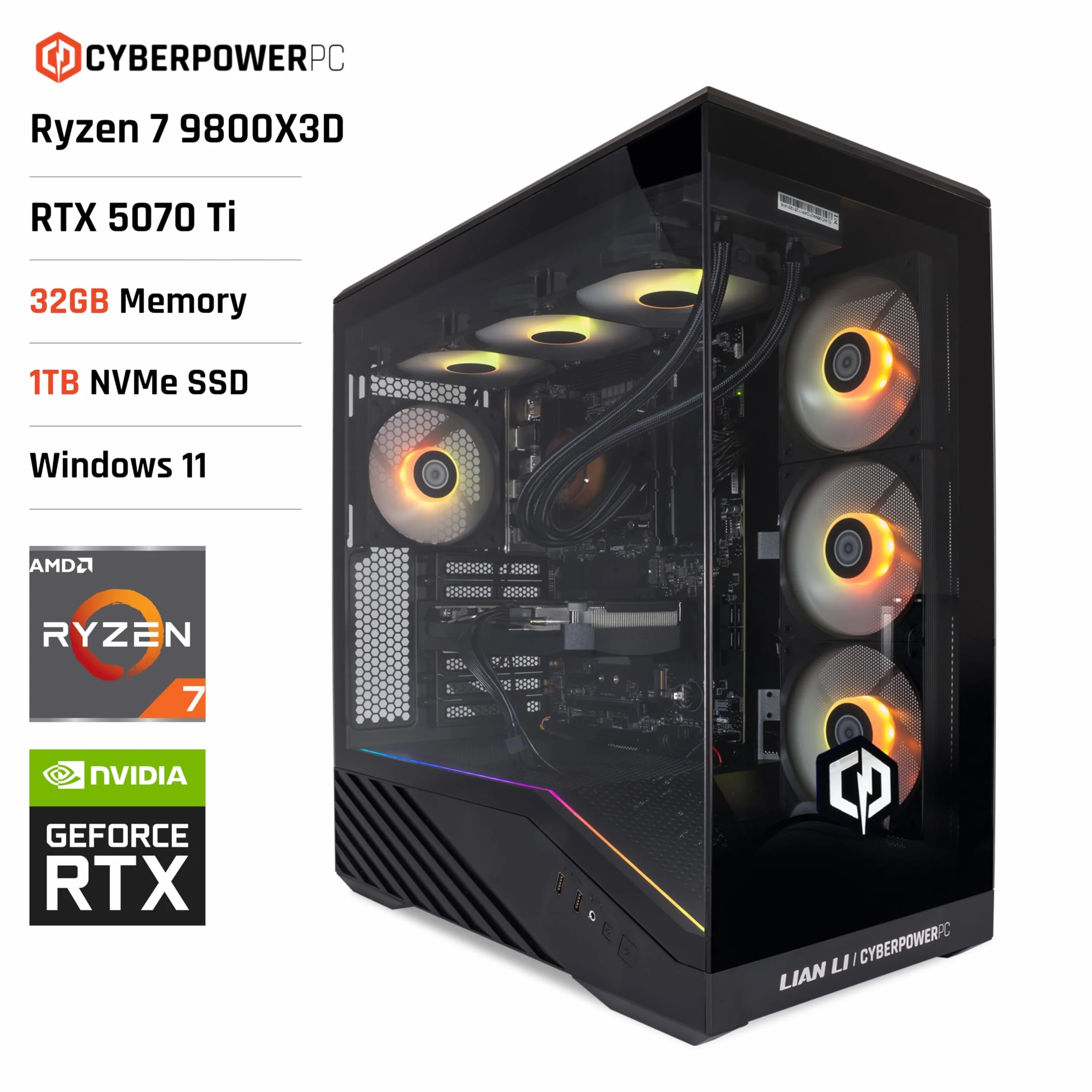 CYBERPOWERPC Luxe Gaming PC - AMD Ryzen 7 9800X3D, Nvidia RTX 5070 Ti, 32GB RAM, 1TB NVMe SSD, 750W PSU, Windows 11, Liquid Cooling, V100R