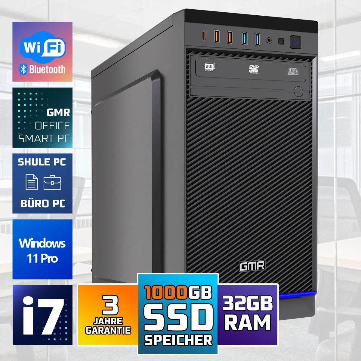 GMR Ultra Desktop PC - Intel i7, Windows 11 Pro, 32GB RAM, 1000GB SSD, USB 3, WiFi, Bluetooth, Office PC Mit DVD, 3 Jahre Garantie - Desktop PC Windows 11 - Sofort Einsatzbereit