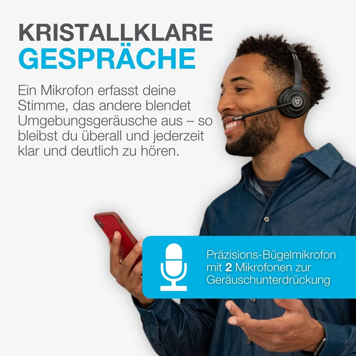 JLab Go Work 2nd Gen Bluetooth Headset mit Mikrofon & USB C Dongle, Akku 55h+, Wireless Headset PC mit Noise Cancelling Mikrofon, kabellos & per Kabel, Multipoint, für Handy, Office, Büro
