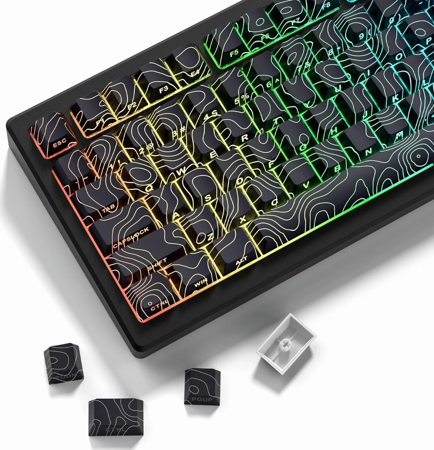 PBT Keycaps, Schwarze topografische 60 75 Prozent Lines Backlit, Shine Through Tastenkappen, Seitlich Bedruckte Cherry Profile für100%, 75%, 65%, 60% ANSI US Tastatur(nur Tastenkappen)