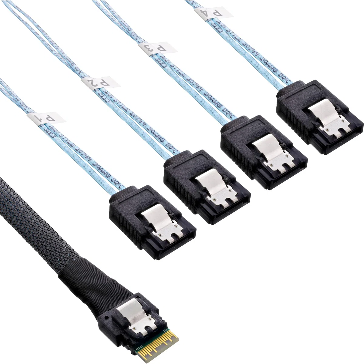 InLine Slim SAS Kabel, SFF-8654 4i zu 4x SATA 7-pin, 12Gb/s, 1m, interne Verbindung für SAS Controller zu SATA HDD SSD, platzsparend, 27646B