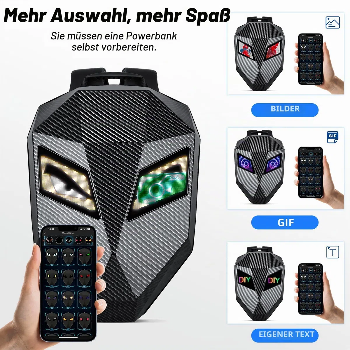 48 cm LED Motorrad Knight Rucksack für Männer, Hard Case Fahrrucksack Motorrad Laptop Tasche Wasserdicht, DIY Programmierbarer Full Color Display & Augen