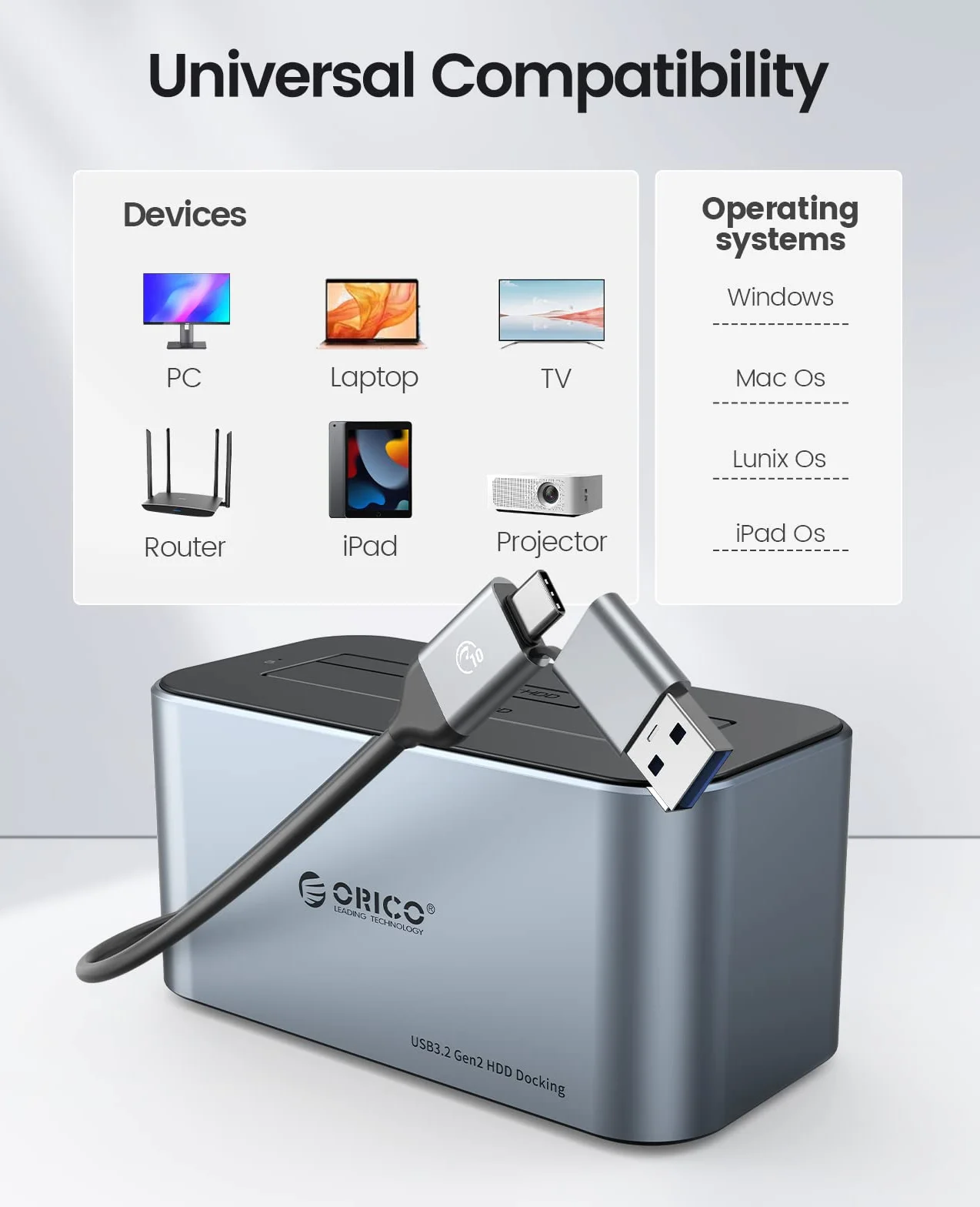 ORICO Aluminium Festplatten Dockingstation, 6Gbps USB 3.2 Gen 2 SSD/HDD Docking Station für SATA 2,5/ 3,5 Zoll bis zu 18 TB, mit 12V 2A Netzteil, Unterstützt USB A und USB C, Werkzeugfrei(6616C3)