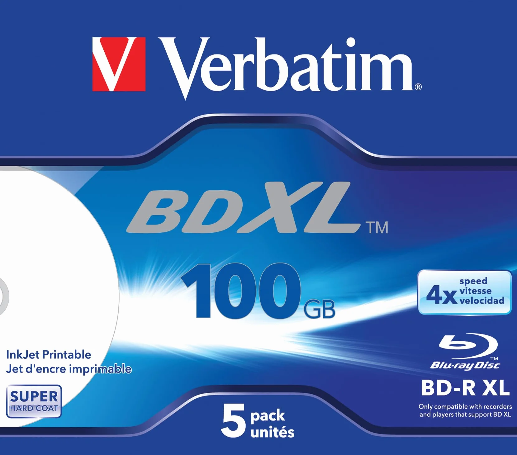 Verbatim BD-R XL 100 GB, Blu-Ray-Disk mit 4X-Schreibgeschwindigkeit - Bedruckbar - Jewel Case - 5er-Pack