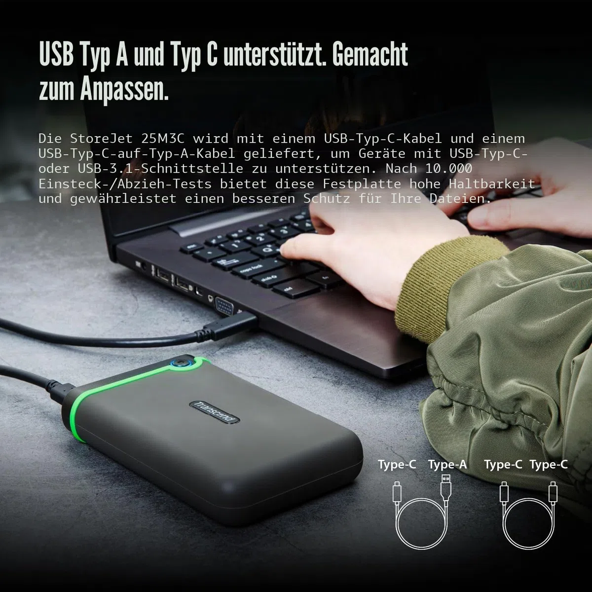 Transcend StoreJet 25M3C 2TB Externe Festplatte, USB Type-C, Anti-Schock (Militärstandard), USB 3.1 Gen 1, 2.5 Zoll, Eisengrau| Ideal für MacBook, iPad Pro & USB-C Laptops