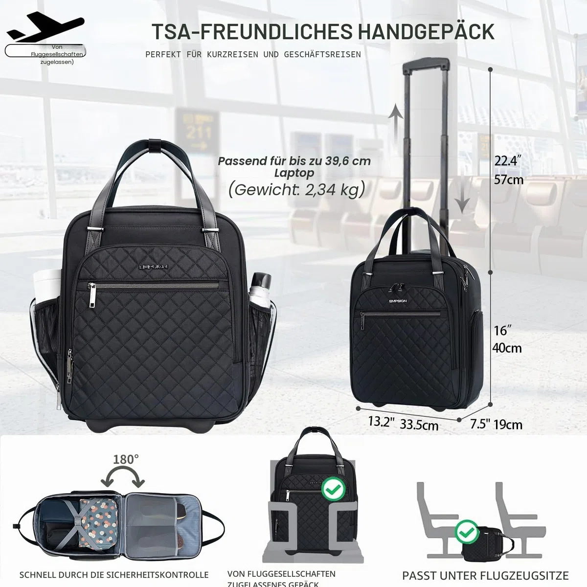 EMPSIGN Handgepäcktasche mit Rädern unter dem Sitz, 40,6 cm, Schwarz, 16 Inch, Handgepäck unter dem Sitz