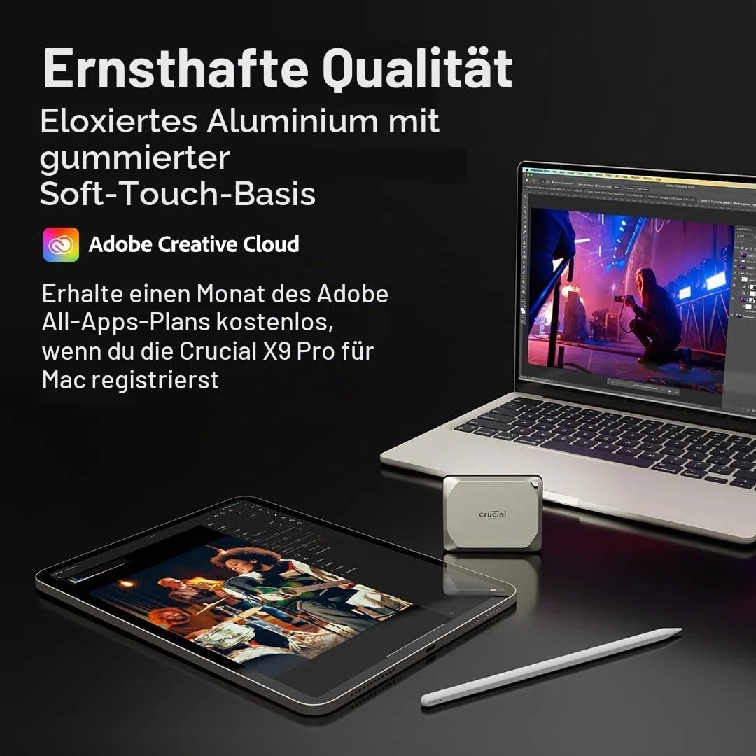 Crucial X9 Pro für Mac 1TB Portable SSD Festplatte, bis zu 1050MB/s Lesen/Schreiben, Mac Ready, IP55 Wasser- und Staubgeschützt, Externe Solid State Drive, USB-C 3.2 - CT1000X9PROMACSSD9B02