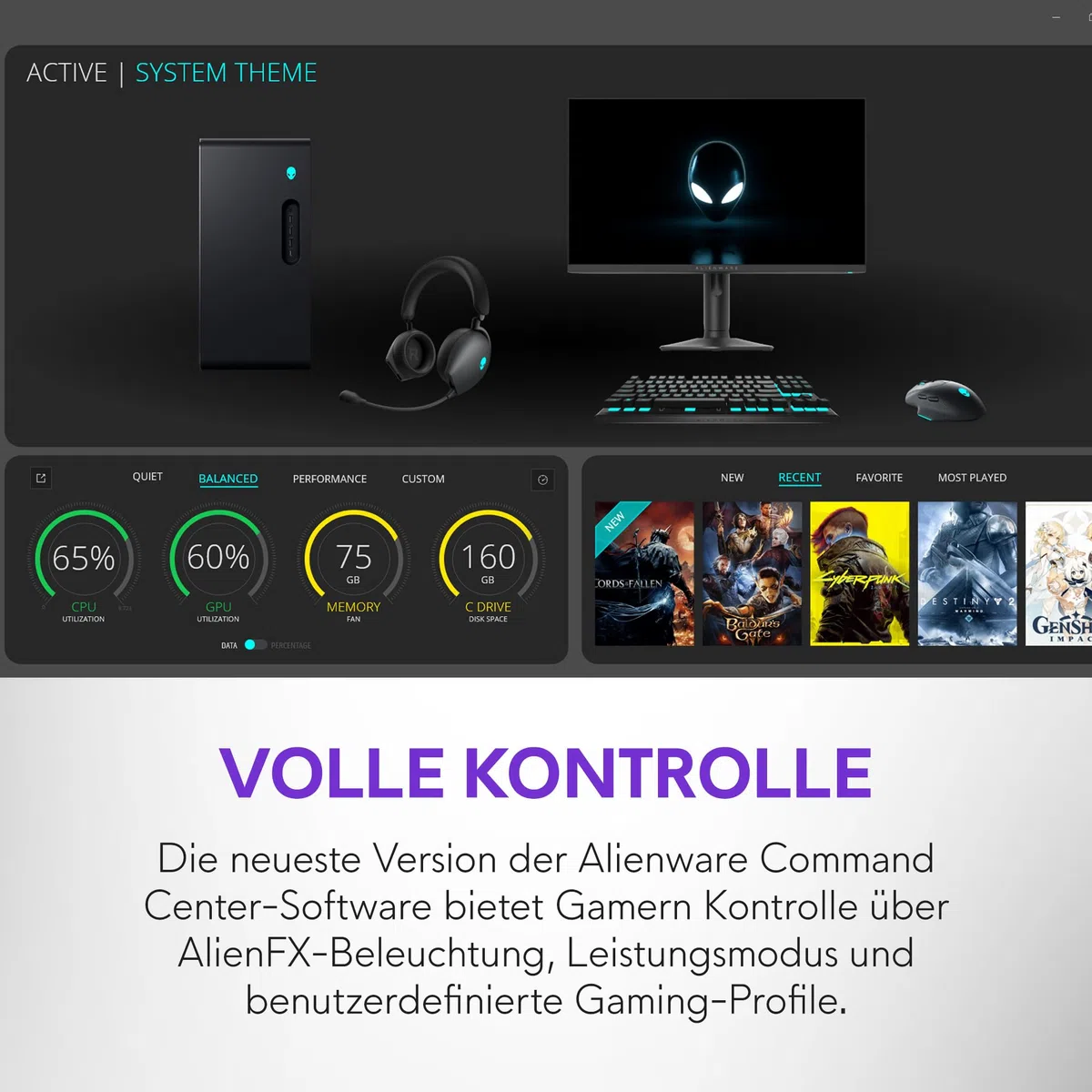 Alienware Aurora Gaming-PC ACT1250 – Intel Core Ultra 7 265KF Series 2, Nvidia GeForce RTX 5070, 32 GB DDR5, 1 TB SSD, Flüssigkühlung, 1000W Netzteil, Windows 11 Home, Seitenscheibe – Schwarz Basalt