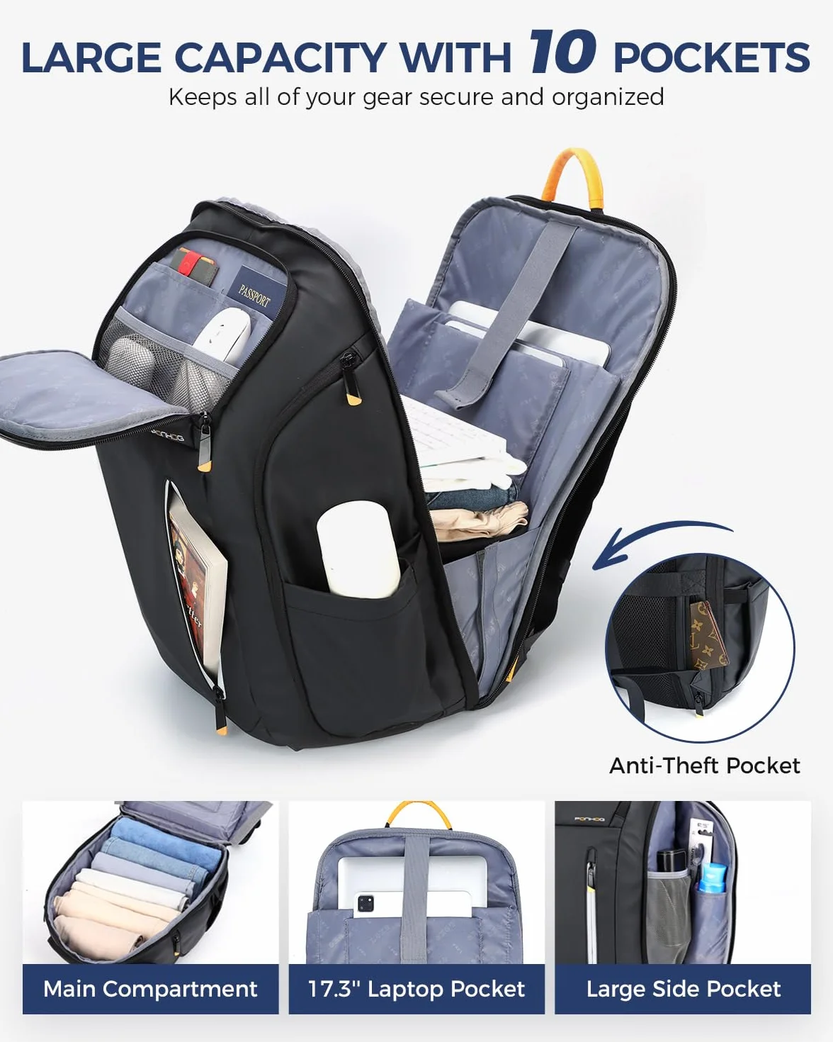 Ponhog Rucksack Herren, Groß Laptop Rucksack 17 Zoll, Reiserucksack mit Anti Diebstahl Computerfach, Laptoptasche für Reise Business Arbeit Weekender, Schwarz