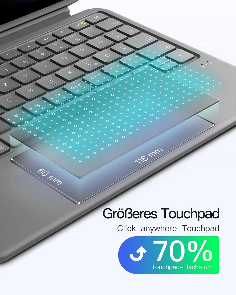 Inateck Hülle mit Tastatur für iPad 11 A16 2025 11 Zoll, iPad 10. Gen 2022 10,9 Zoll, 5,1" Vollflächen-Touchpad,Vertikaler/Horizontaler Ständer,Abnehmbar,mit Stifthalter,QWERTZ,Schwarz,AceTouch Pro