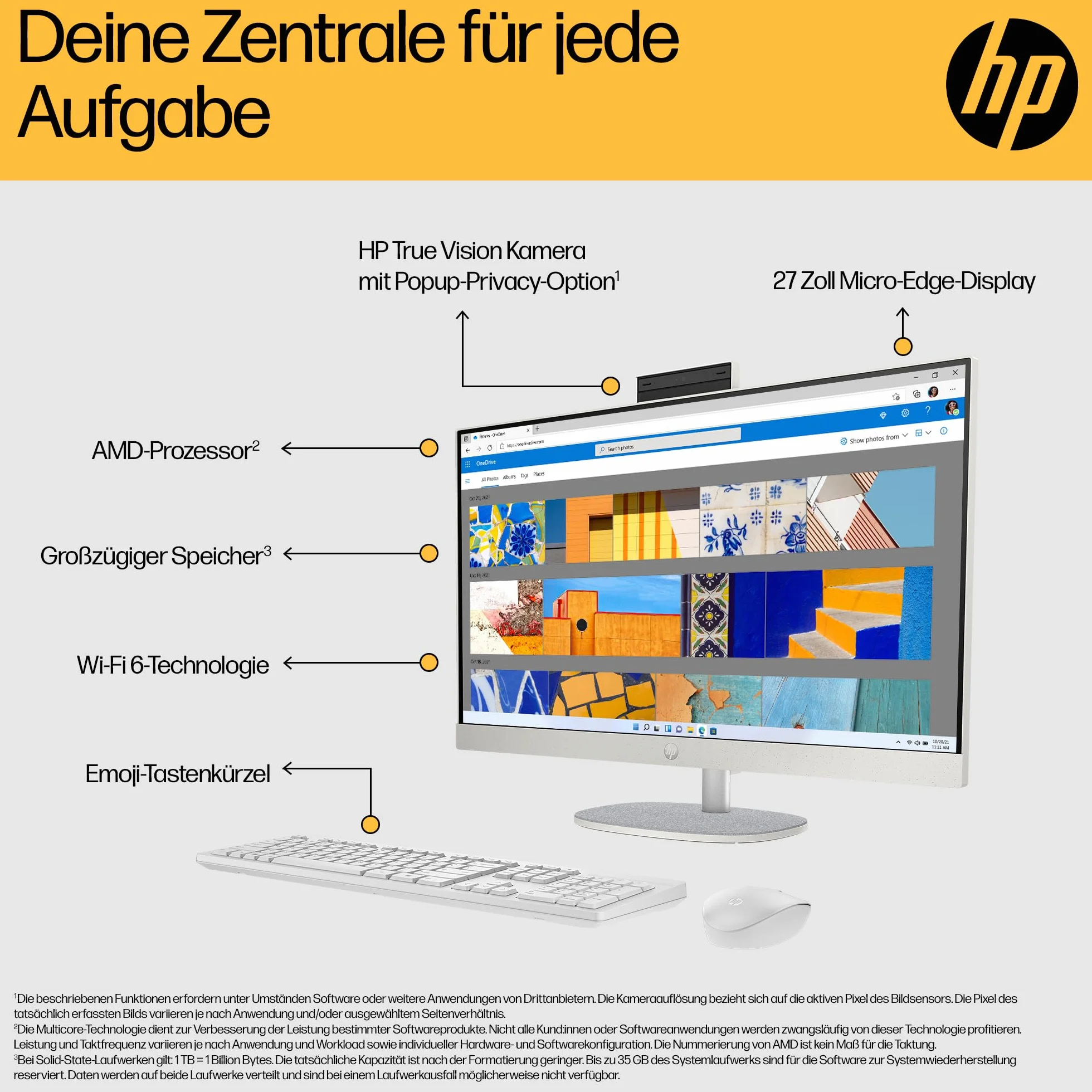 HP All-in-One Desktop-PC | 27" FHD Display | AMD Ryzen 5 7520U | 16 GB DDR5 RAM | 512 GB SSD | AMD Radeon-Grafikeinheit | Windows 11 Home | Weiß