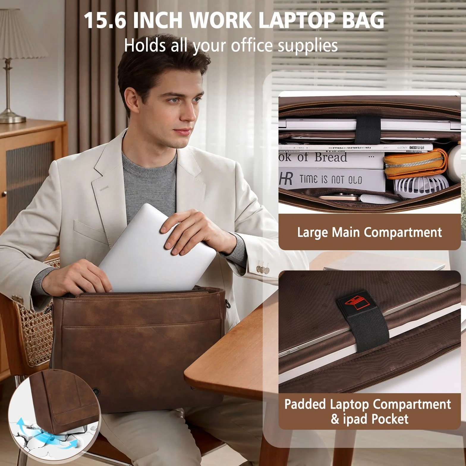 RAINSMORE Aktentasche Herren PU Leder Wasserdichte Umhängetasche Laptoptasche 15,6 Zoll Vintage Groß Arbeitstasche Messenger Bag Schultertasche für Arbeit Büro Uni Schule
