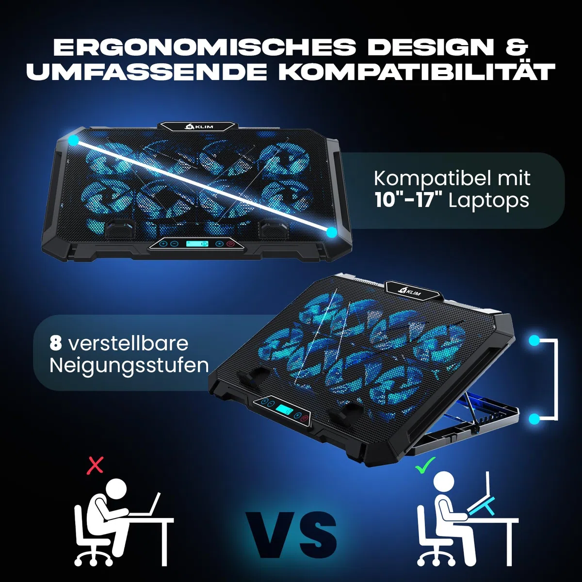 KLIM V8 Gaming Laptop Cooling Pad mit 8 Lüftern - Neu - Gaming Laptop Kühler - Stabiler RGB Notebook Ständer mit Lüfter - Kompatibel bis zu 17" - 2 USB Ports - Handyhalterung - 5 Jahre Schutz