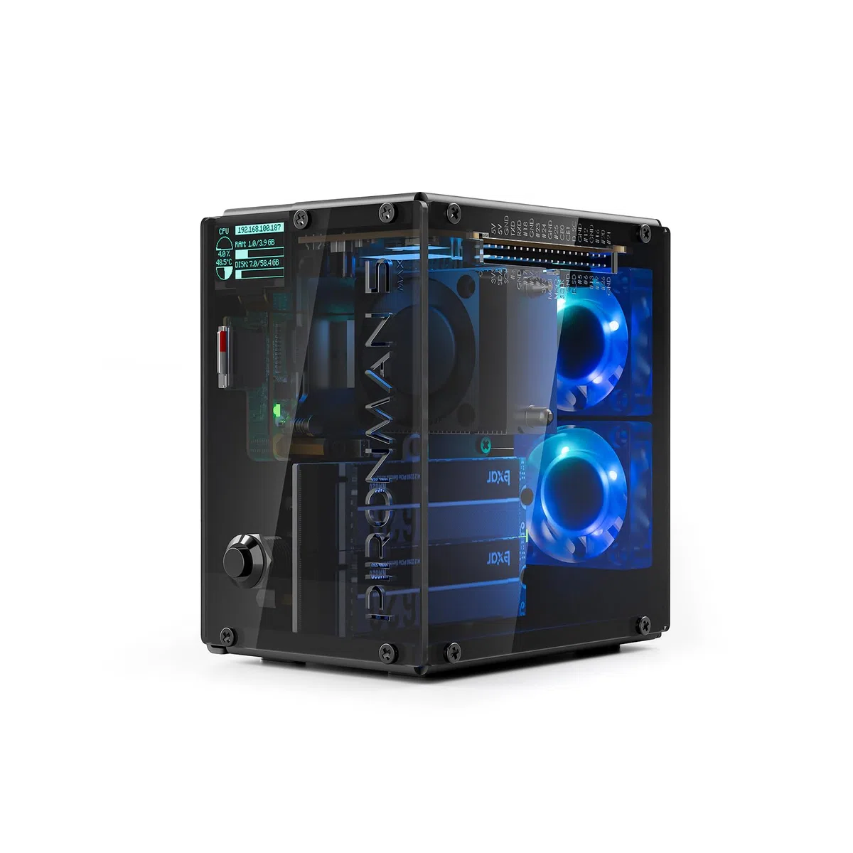 Pironman 5-MAX Raspberry Pi 5 Gehäuse mit Dual NVMe M.2 SSD PCIe, Mini PC NAS RAID 0/1, Hailo-8L AI-Beschleuniger, PWM Tower-Kühler + Dual RGB-Lüfter, OLED, Safe Shutdown, HDMI (RPI5 Nicht enthalten)