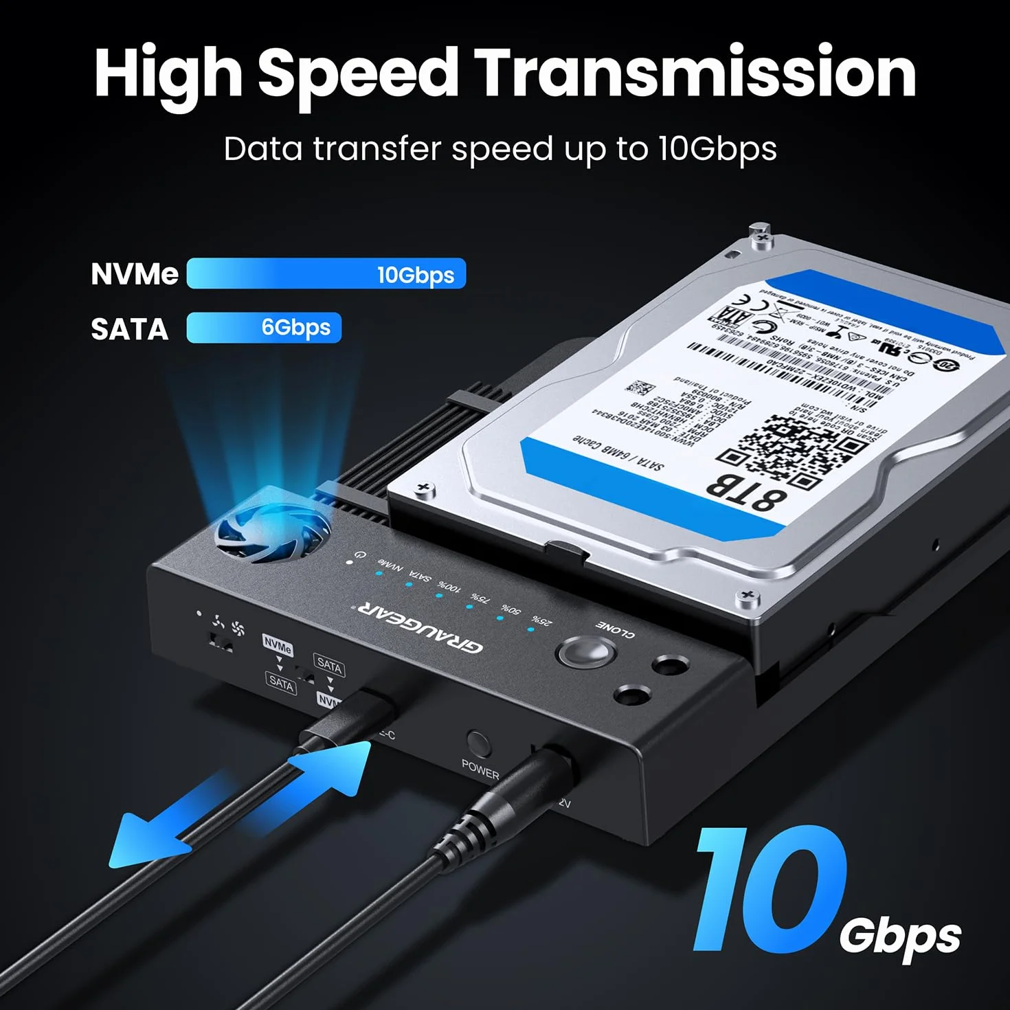 GRAUGEAR Bidirektionale Clone Station für M2 NVMe SSD M.2, SATA SSD, 2,5"/3,5" Festplatte [Bidirektional Klonen] Docking Station I NVMe Klonstation I Externe SSD I Festplatten Dockingstation I Lüfter