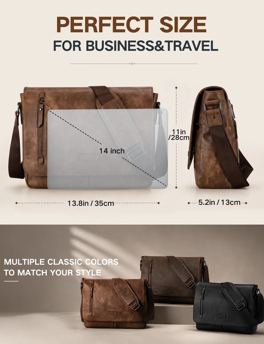 VX VONXURY Umhängetasche Herren und Damen, Vegan Leder 14 Zoll Laptoptasche Messenger Bag Arbeitstasche für Arbeit Schule(Braun)