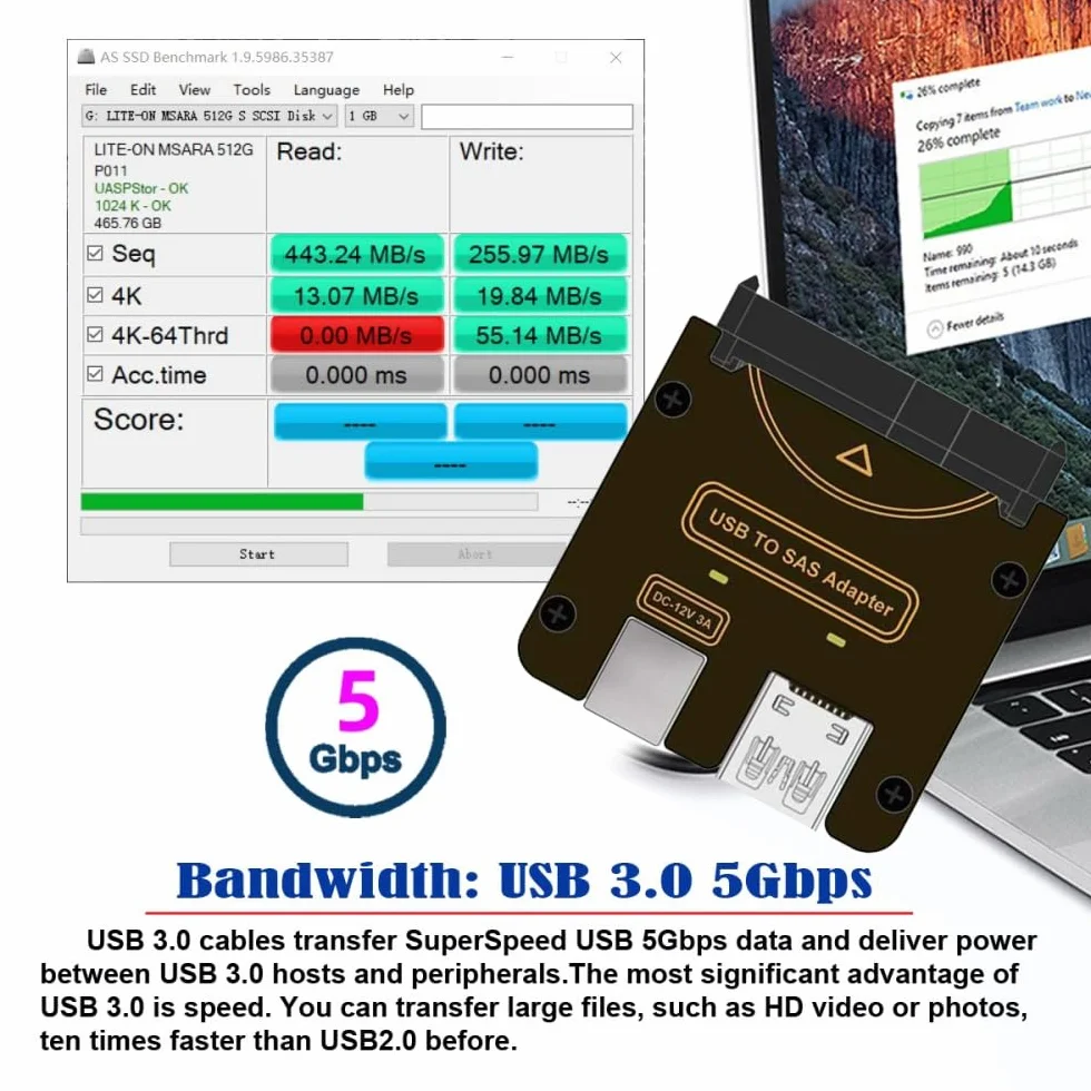 xiwai SFF-8482 SAS 29Pin auf 5 Gbit/s USB 3.0 Festplatten-RAID-Adapterkarte mit Chipsatz und Stromanschluss (benötigt 12 V/3 A Stromversorgung)
