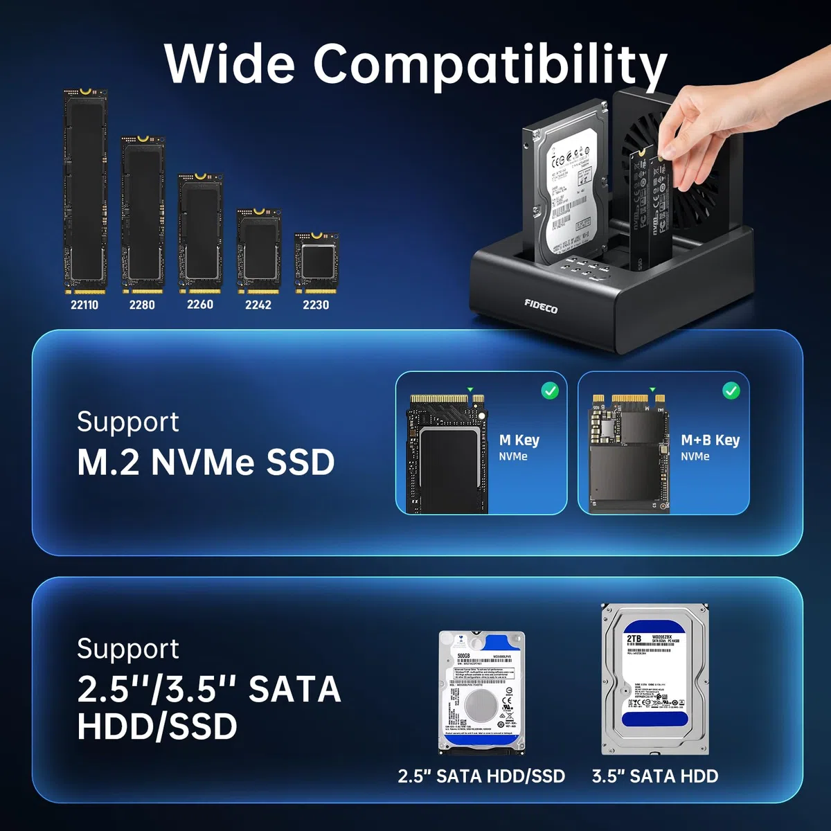 FIDECO HDD/M.2 NVMe SSD Cloner Docking Station, USB 3.2 Gen 2 (10 Gbit/s), 3-Bay Festplatten-Cloner-Dock für M.2 NVMe SSD und 2,5"/3,5" SATA HDD, mit klappbarem Lüfter