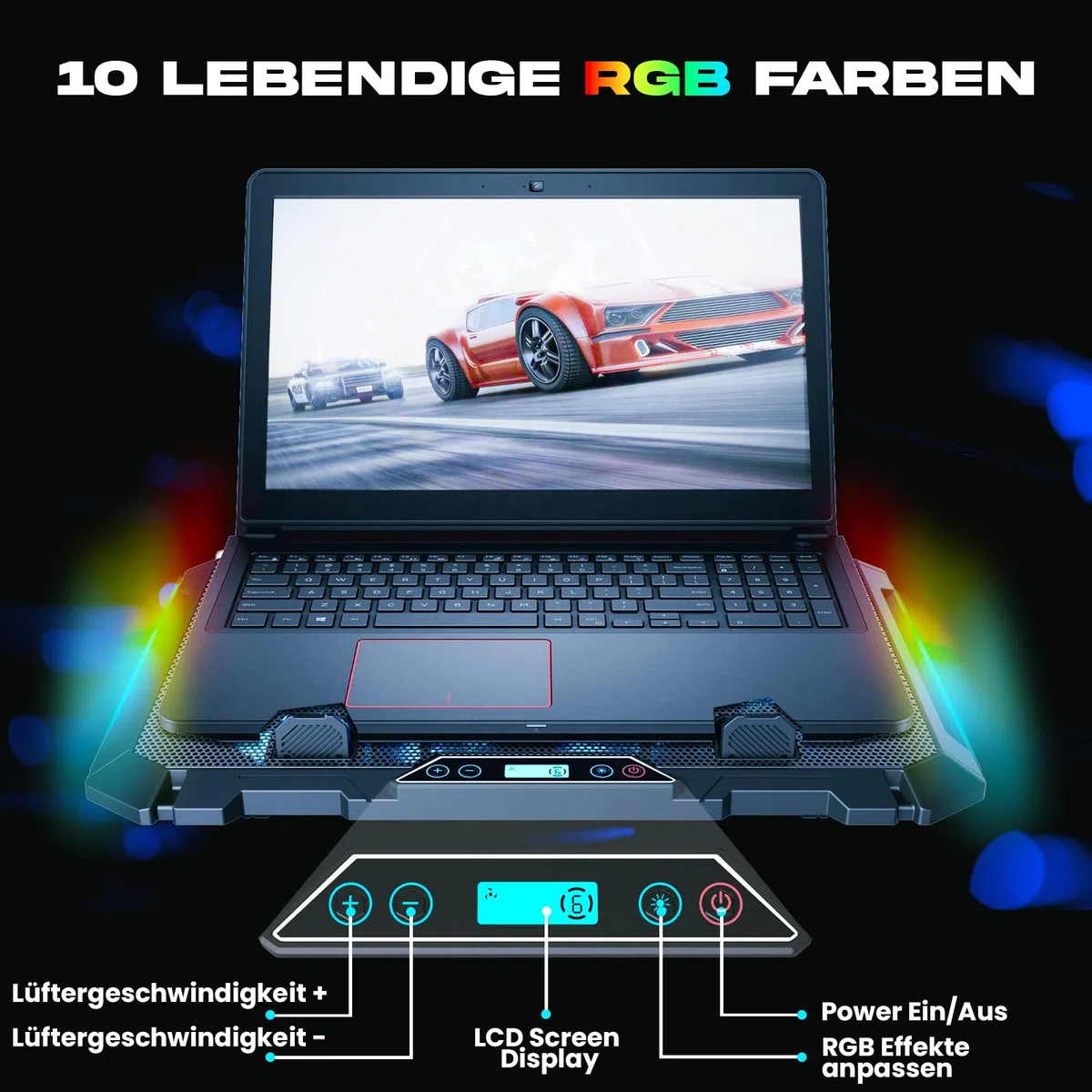 KLIM V8 Gaming Laptop Cooling Pad mit 8 Lüftern - Neu - Gaming Laptop Kühler - Stabiler RGB Notebook Ständer mit Lüfter - Kompatibel bis zu 17" - 2 USB Ports - Handyhalterung - 5 Jahre Schutz