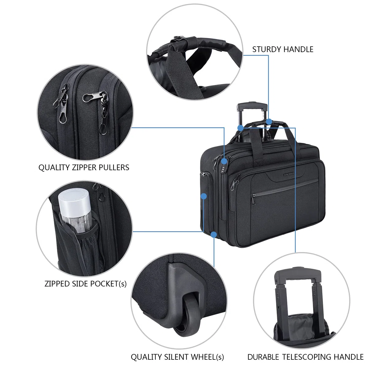 KROSER Trolley Business, Handgepäck Koffer, Rolling Case mit Rädern Bis zu 17,3 Zoll Laptop wasserdichte Übernacht-Rolltasche mit RFID-Taschen für Reisen/Schule/Männer/Frauen-Schwarz MEHRWEG