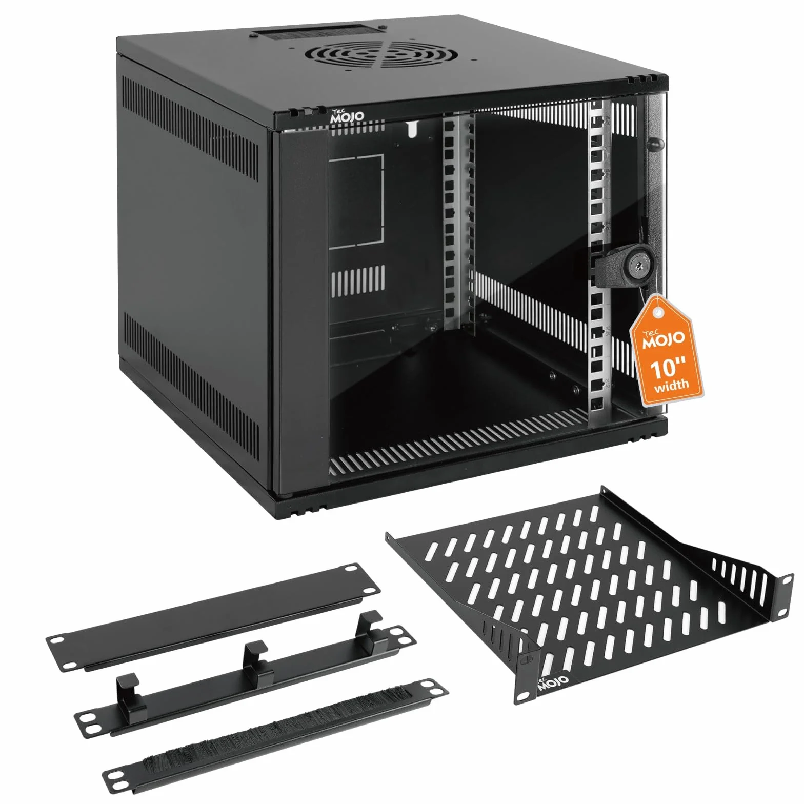 Tecmojo 10-Zoll 6HE Wandmontage-Netzwerk-Schrank, 330 mm tief, Netzwerkschrank mit Rack-Ablage, Bürstenblenden, Kabelorganisator für 10-Zoll-AV/IT/NAS-Geräte (254 mm), 50 kg Traglast, Schwarz, Glastür