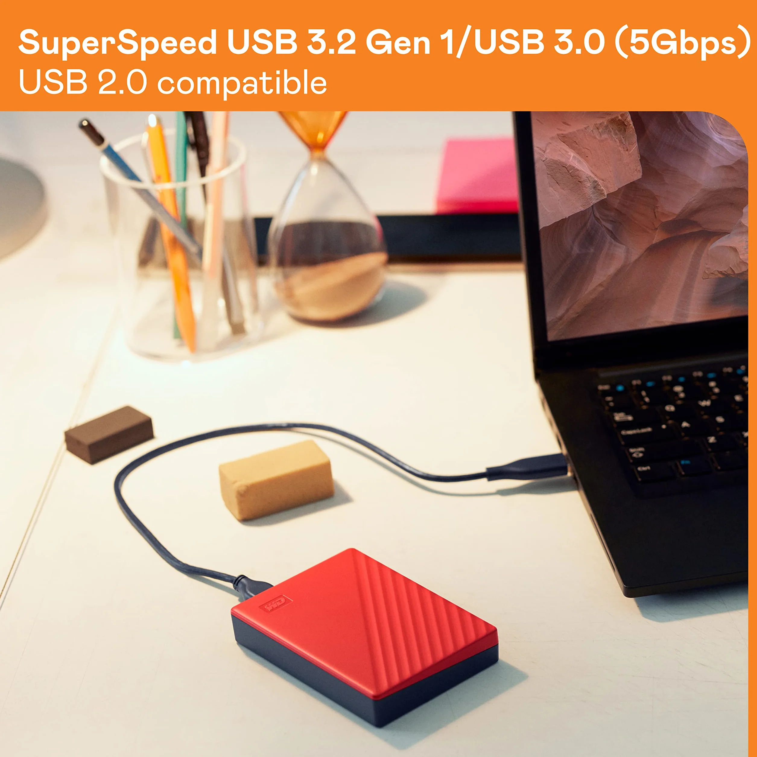 WD My Passport externe Festplatte 2 TB (mobiler Speicher, schlankes Design, herunterladbare Software, automatische Backups, Passwortschutz) Rot - auch kompatibel mit PC, Xbox und PS4