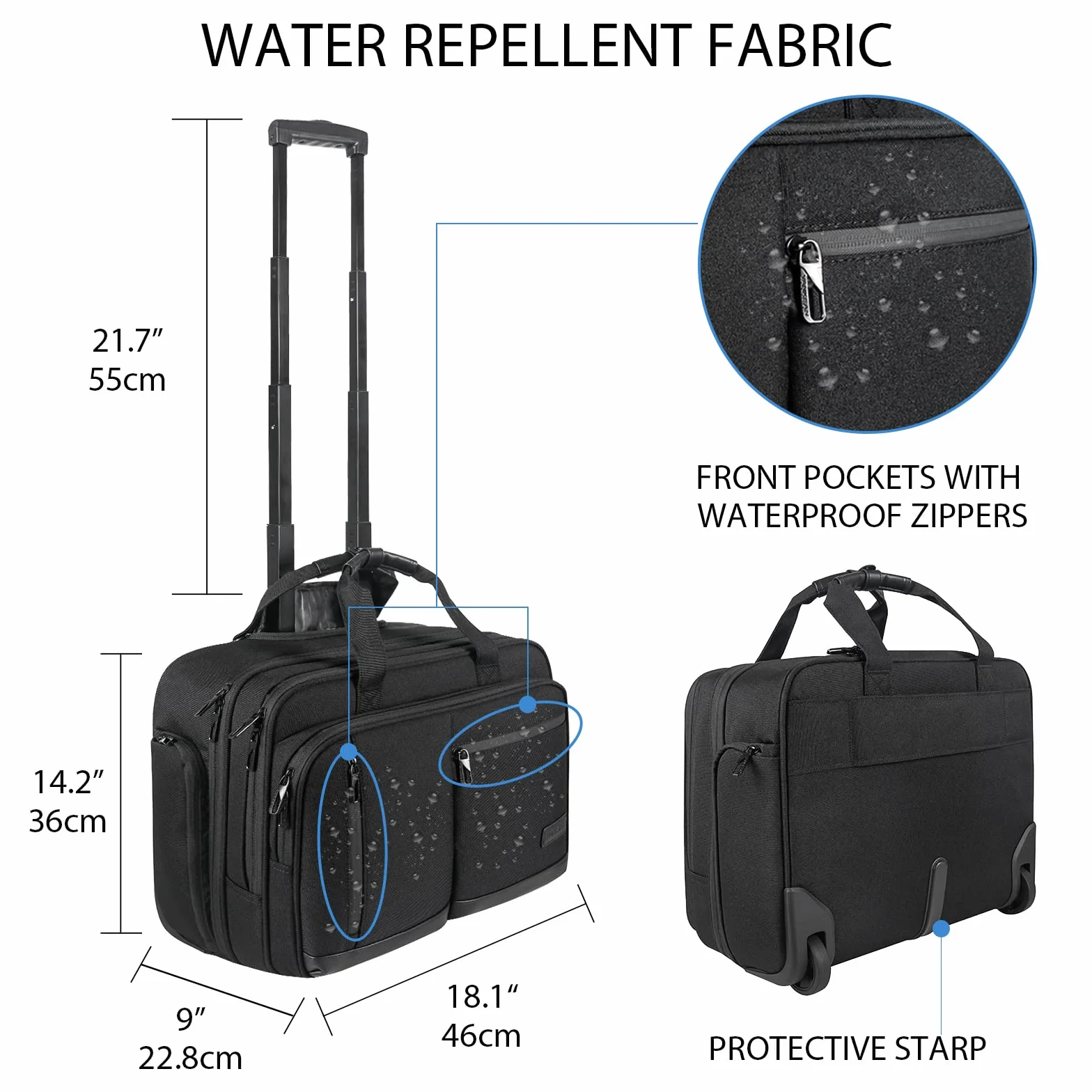 VANKEAN 17.3'' Laptoptasche mit Rollen für Herren, Stylische Handgepäck-Aktentasche Laptoptasche wasserdichte mit Rollen für die Nacht mit RFID-Taschen für Reisen/Arbeit/Schule-Schwarz