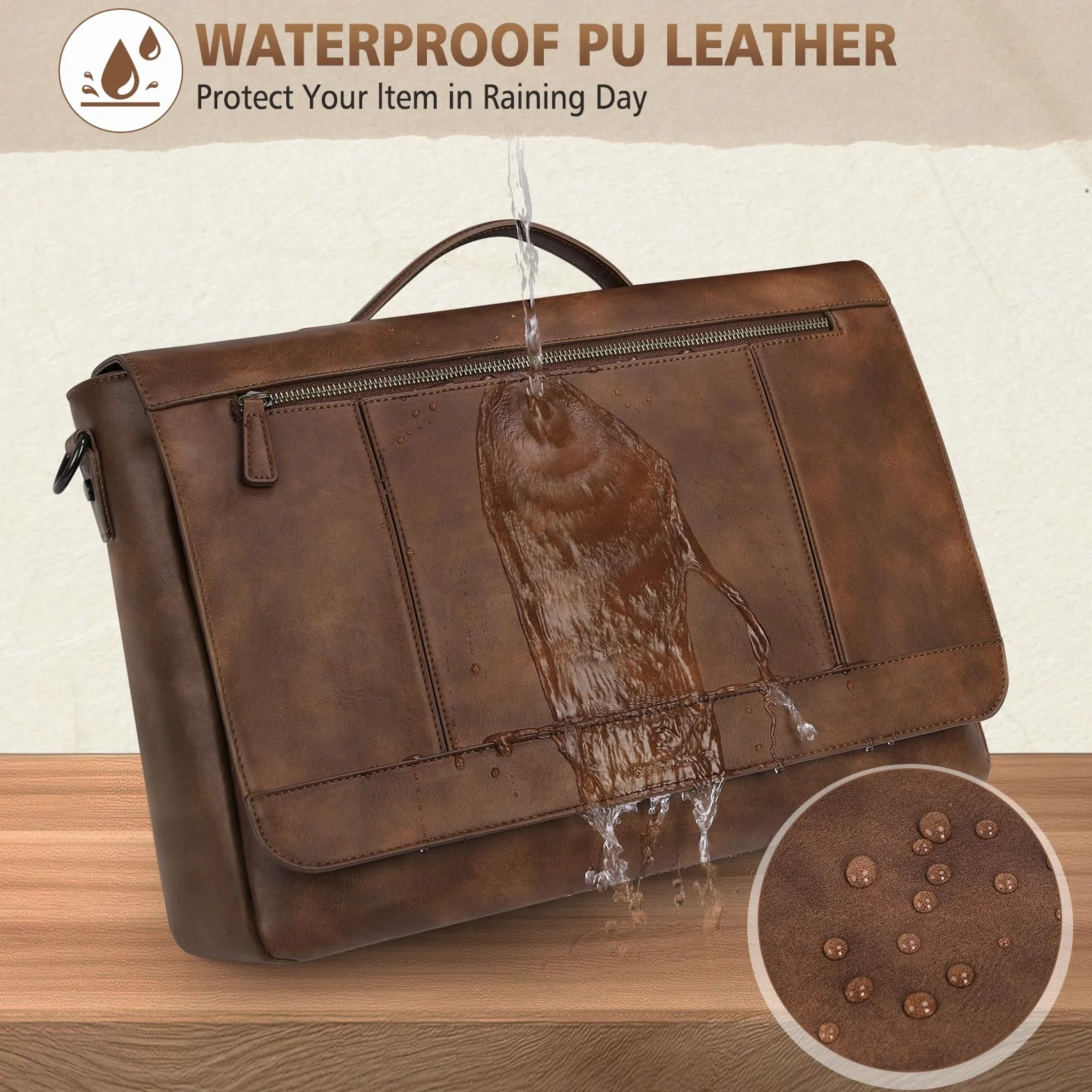 RAINSMORE Aktentasche Herren PU Leder Wasserdichte Umhängetasche Laptoptasche 15,6 Zoll Vintage Groß Arbeitstasche Messenger Bag Schultertasche für Arbeit Büro Uni Schule