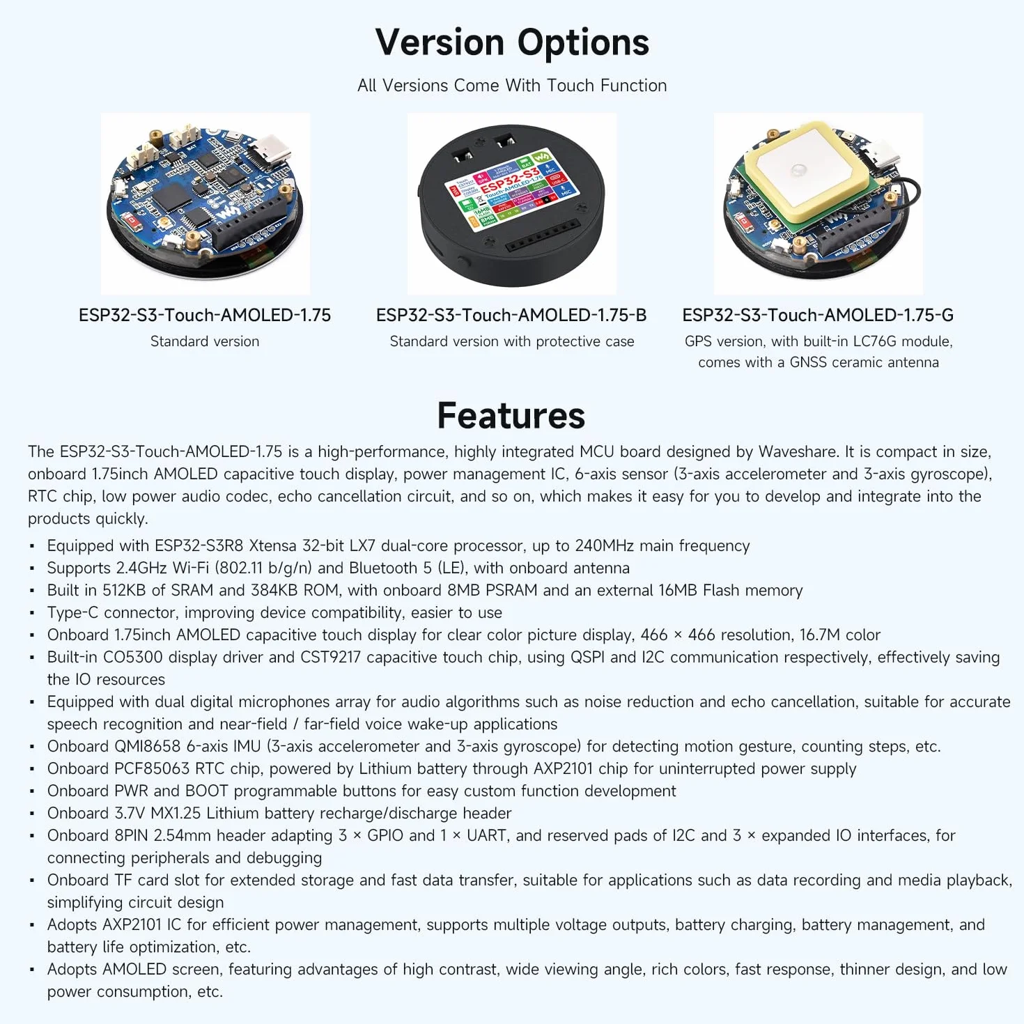 Waveshare ESP32-S3 1.75inch AMOLED Round Touch Display Development Board(Without Case & GPS), 32-Bit LX7 2-Core Processor, 466x466, QSPI Interface, Dual Digital Microphones Array, ESP32 with Display