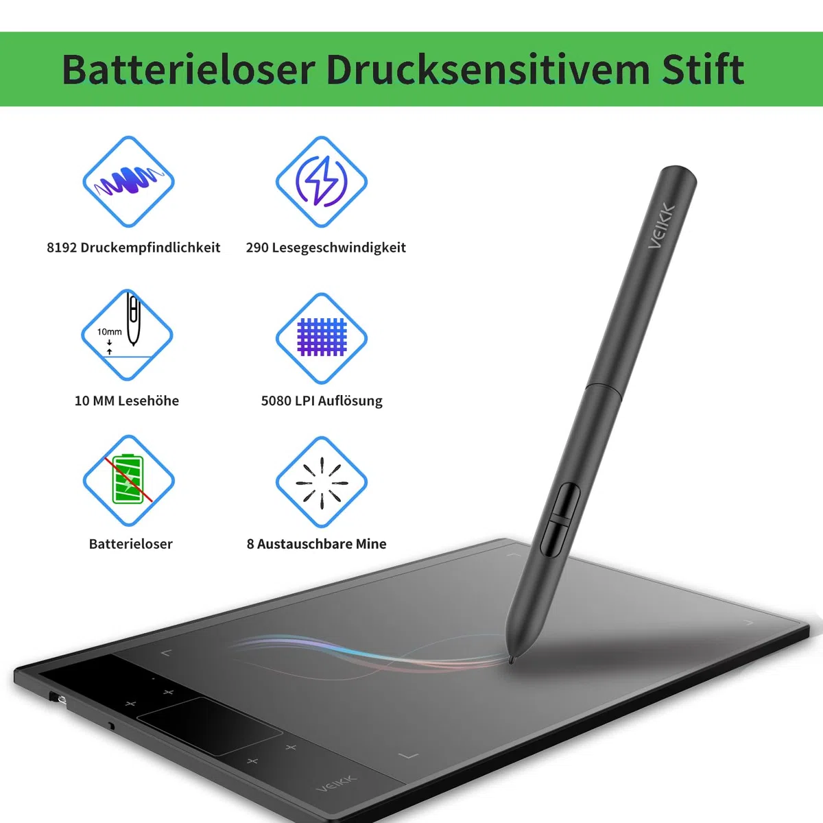 Grafiktablett VEIKK A30 V2 10x6 Zoll mit 4 Sensortasten und einem Gestenpad,Grafiktabletts mit Batterielosem Stift und 8192 Druckstufen, Drawing Tablet Kompatibel mit Win/Linux/Android/Mac