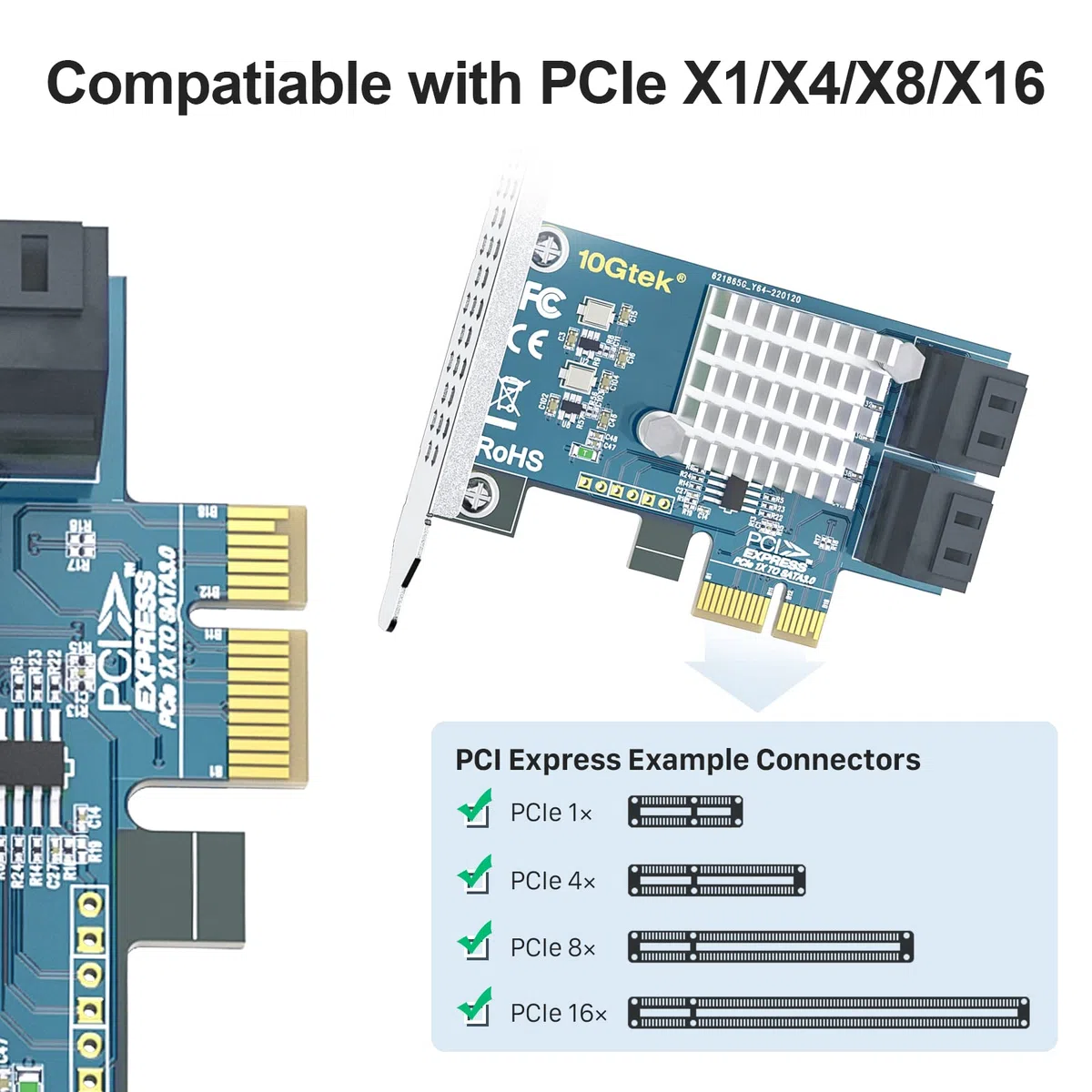 PCIe SATA Card Erweiterungskarte, 4 Port with 4 SATA Cables and Low Profile Bracket, 6Gbps SATA3.0 Controller PCI Express Expansion Card, Support SSD and HDD