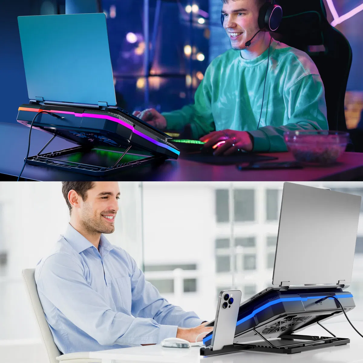 Laptop Kühlkissen Leistungsstarker Turbolüfter RGB Gaming Notebook Kühler MOOJAY Laptop Lüfter Kühlständer mit 8 Höhenverstellbar und Handyständer, für 14-19 Zoll Laptop - Eisblau LED Licht
