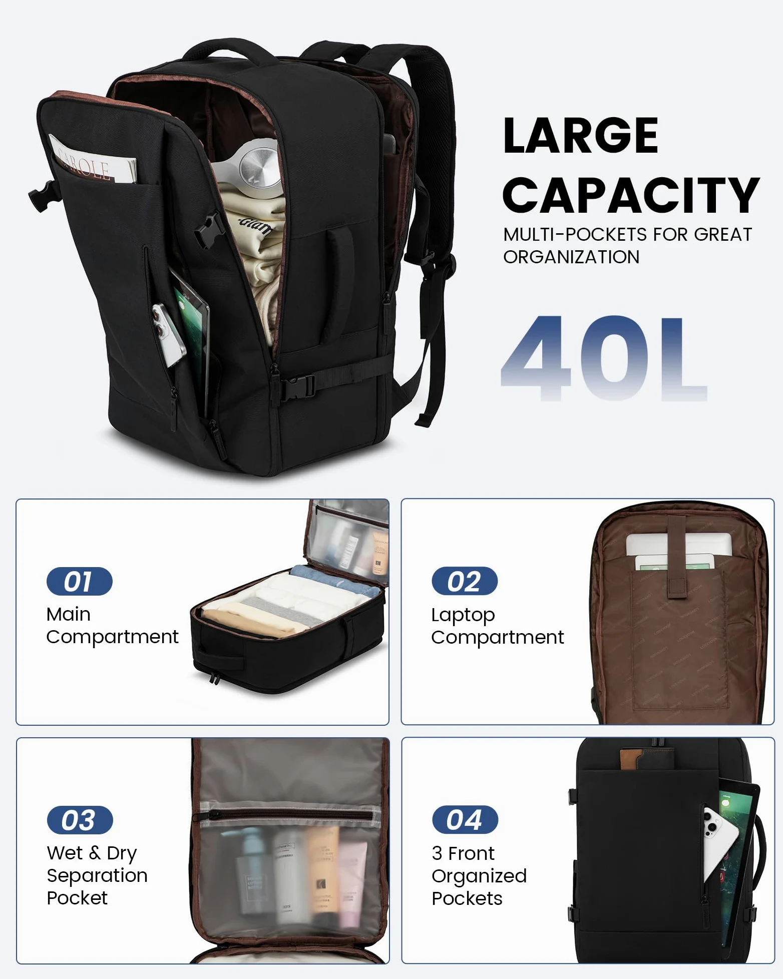 LOVEVOOK Handgepäck Rucksack, 40L Groß Reiserucksack Herren Damen Kofferrucksack Flugzeug Tasche, Travel Backpack Carry On Luggage für 17 Zoll Laptop, Reisetasche Koffer Cabin Bag für Reise, Schwarz
