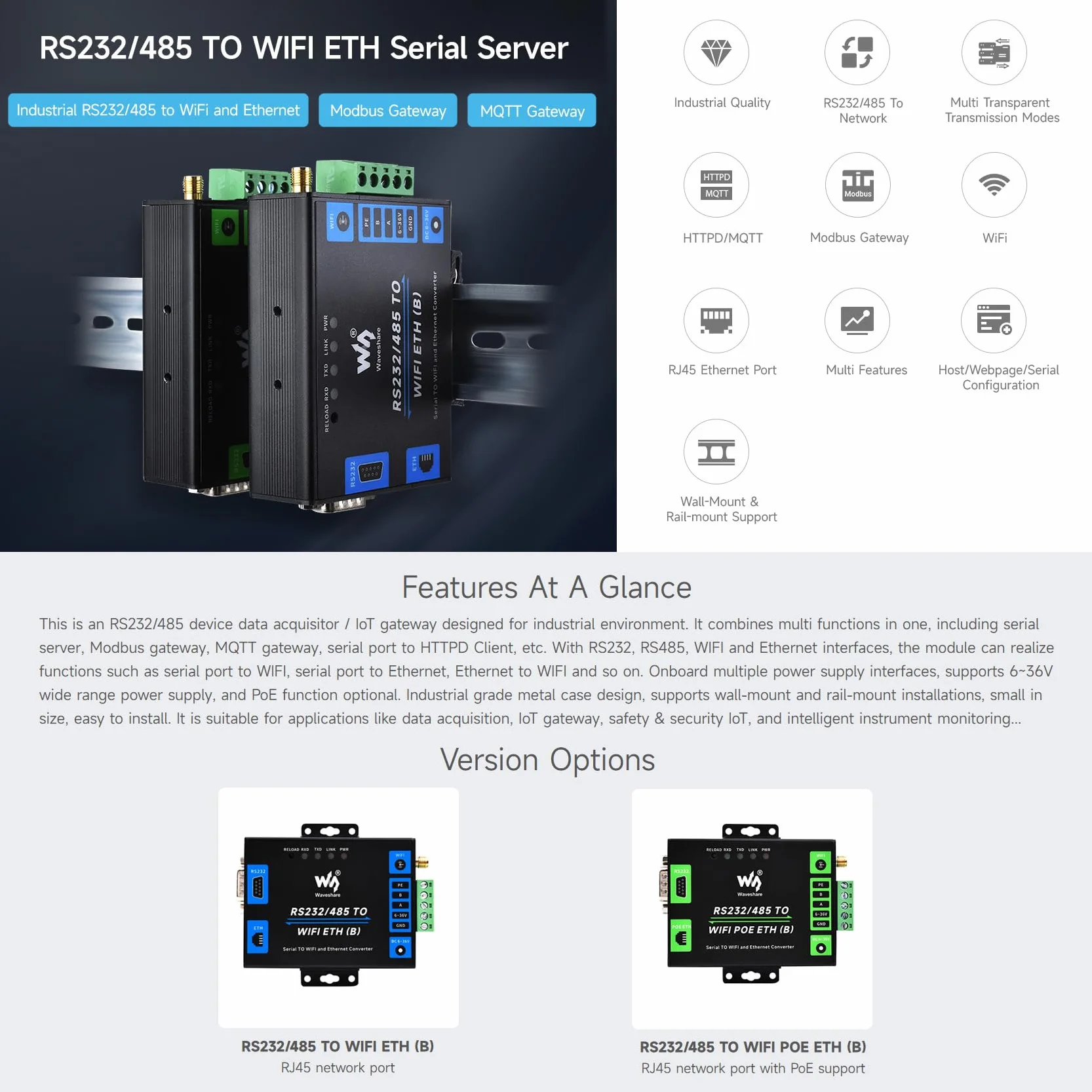 Waveshare Industrial Serial Server RS232/485 to WiFi Ethernet Modbus MQTT Gateway Metal Case