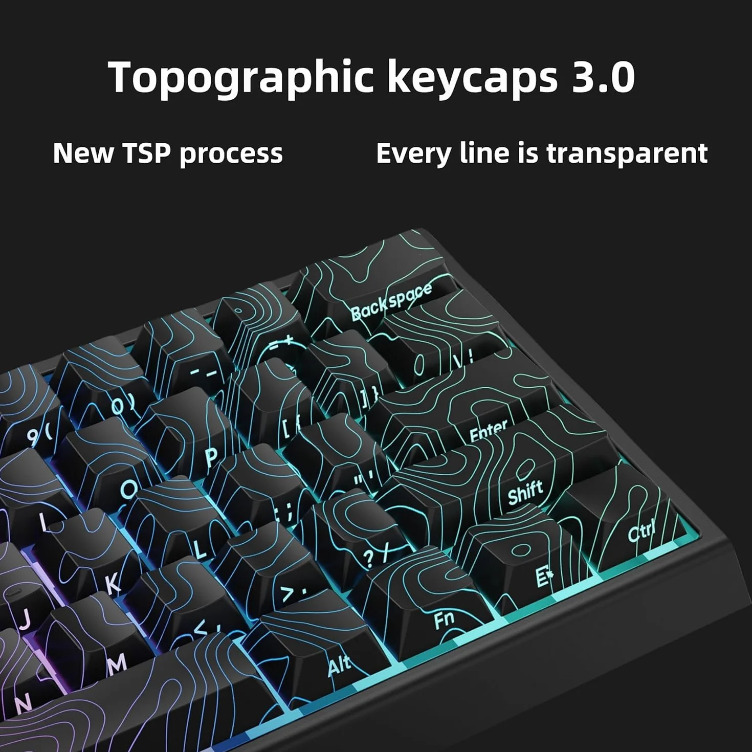 PBT Keycaps, Schwarze topografische 60 75 Prozent Lines Backlit, Shine Through Tastenkappen, Seitlich Bedruckte Cherry Profile für100%, 75%, 65%, 60% ANSI US Tastatur(nur Tastenkappen)