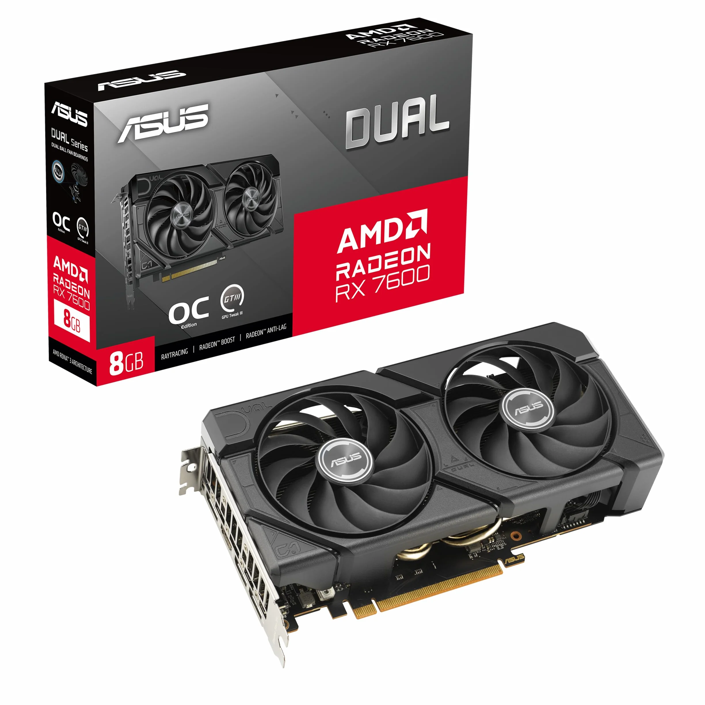 ASUS Dual Radeon RX 7600 EVO OC Edition 8GB GDDR6 Gaming Grafikkarte (AMD Radeon RX7600, PCIe 4.0, 1x HDMI 2.1, 3X DisplayPort 1.4a)