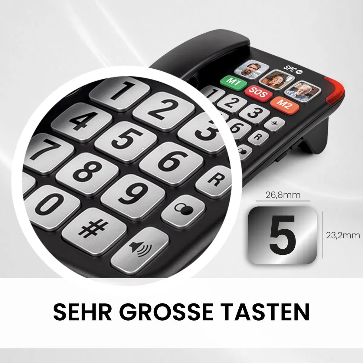 SPC Comfort Numbers Pro - Senioren-Festnetztelefon mit großen Tasten und lautem Klingeln | Verstärkbare Anruflautstärke +20dB | 6 Direktspeicher, Freisprechen | Hörgerätekompatibel – Schwarz