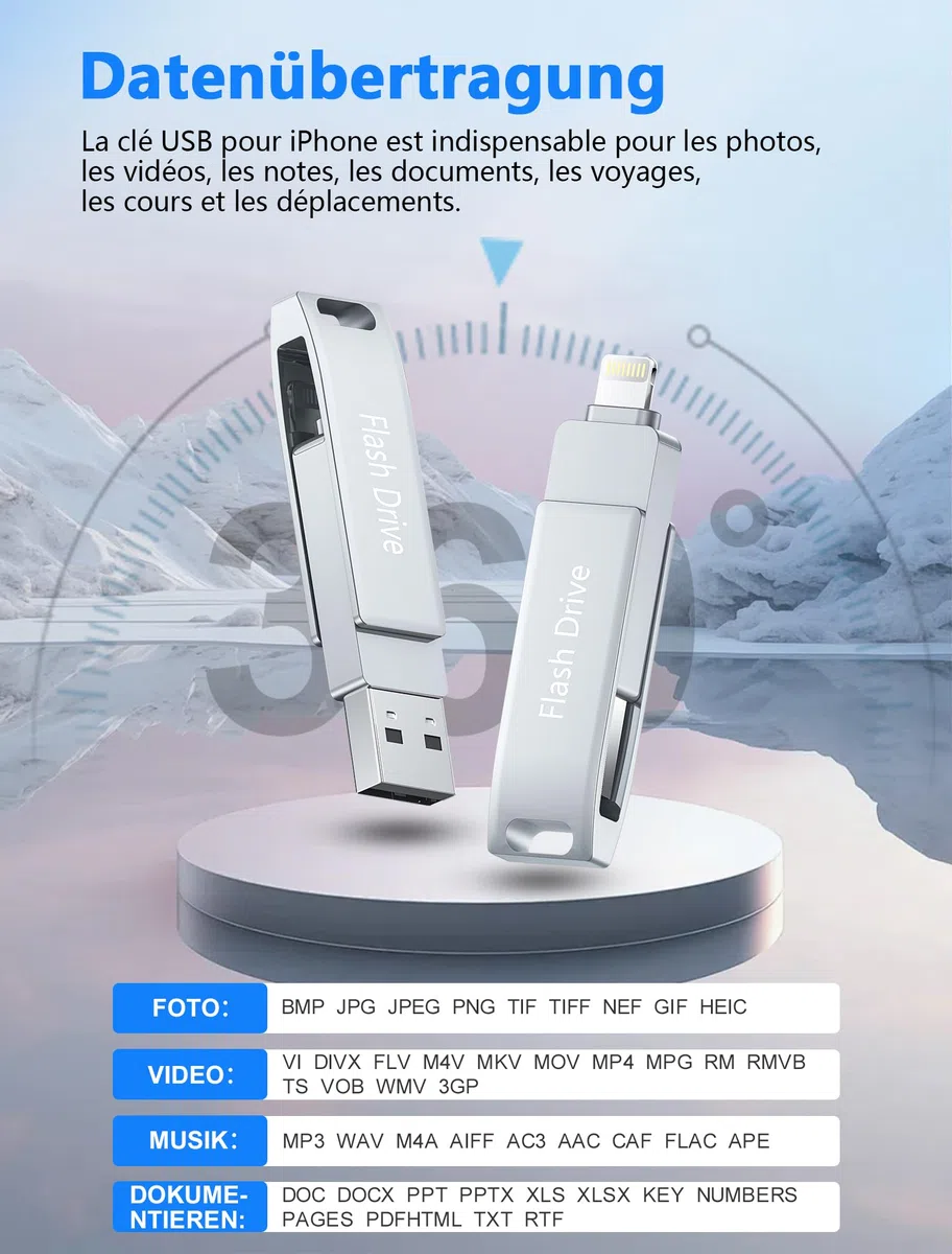 USB Stick 512 GB für i Phone, MFi-zertifizierter USB 3.0 Lightning Speicherstick 3-in-1 Fotostick Stift-Laufwerk Externer Speichererweiterung USB C Backup für iOS/Android/PC, Silber
