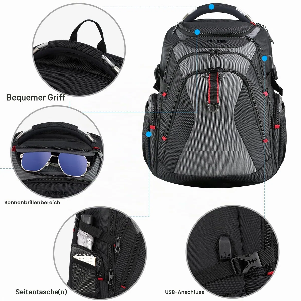KROSER Laptop Rucksack Herren 17,3 Zoll Reise XL BusinessRucksack Schwerlast Wasserdicht mit Hartgeschältem Sicherheitsraum Ladeanschluss RFID Tasche für Männer/Frauen-Schwarz Grau