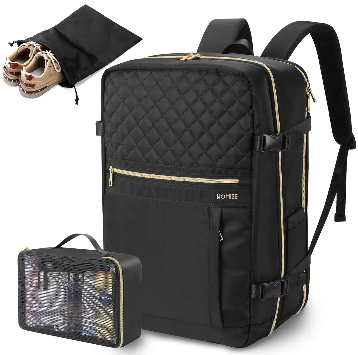 HOMIEE Handgepäck Rucksack Flugzeug Groß 40L Reiserucksack mit Schuhfach Damen Kofferrucksack 17 Zoll Laptoprucksack Wasserdicht Travel Backpack für Reise Camping Wandern Weekend (Klassisches Schwarz)